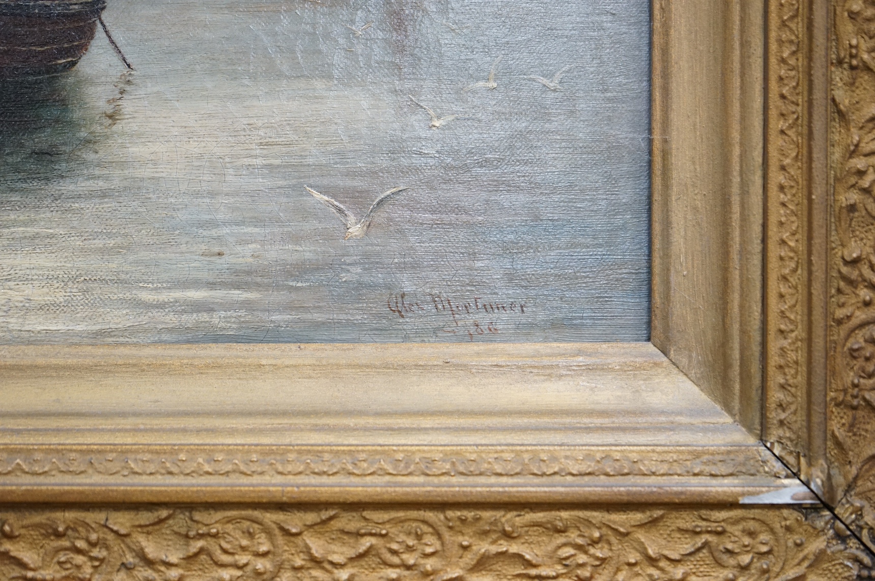 Alexander Mortimer (1885-1913), oil on canvas, ‘Drying the nets’, signed, dated '86, ornate gilt frame, 24 x 44cm. Condition - fair to good